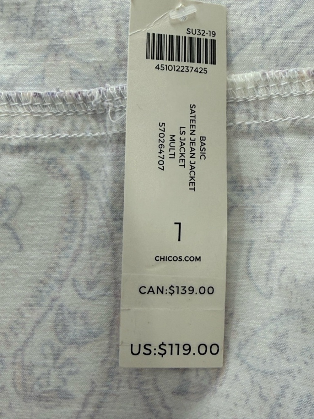 Chico’s Sateen Jean Jacket Paisley Print Button Front Stretch Jean Jacket Boho - Picture 5 of 12